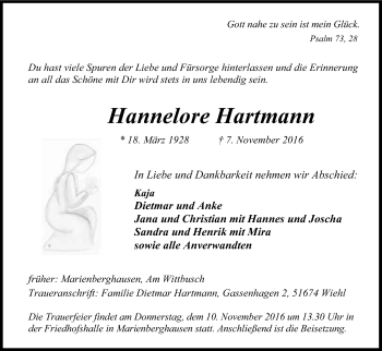 Anzeige von Hannelore Hartmann von Kölner Stadt-Anzeiger / Kölnische Rundschau / Express