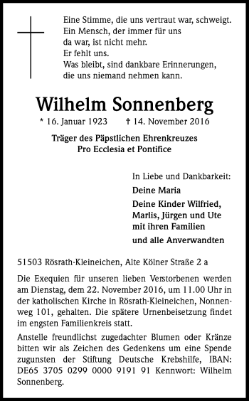 Anzeige von Wilhelm Sonnenberg von Kölner Stadt-Anzeiger / Kölnische Rundschau / Express