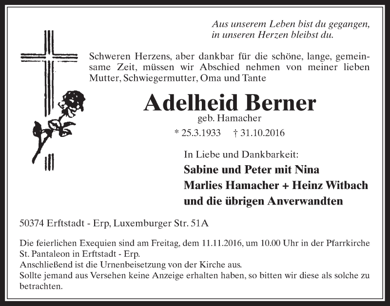  Traueranzeige für Adelheid Berner vom 09.11.2016 aus  Werbepost 