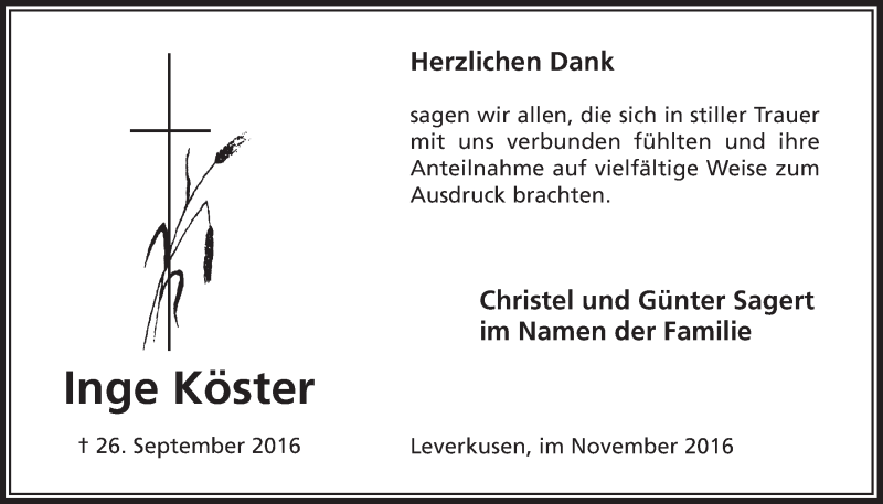  Traueranzeige für Inge Köster vom 19.11.2016 aus  Leverkusener Wochenende 