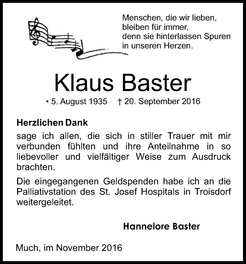  Traueranzeige für Klaus Baster vom 05.11.2016 aus Kölner Stadt-Anzeiger / Kölnische Rundschau / Express