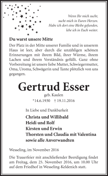 Anzeige von Gertrud Esser von  Schlossbote/Werbekurier 