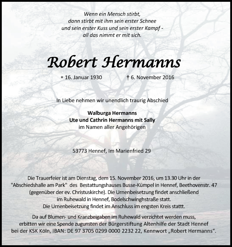  Traueranzeige für Robert Hermanns vom 12.11.2016 aus Kölner Stadt-Anzeiger / Kölnische Rundschau / Express