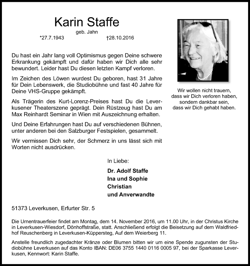  Traueranzeige für Karin Staffe vom 09.11.2016 aus Kölner Stadt-Anzeiger / Kölnische Rundschau / Express
