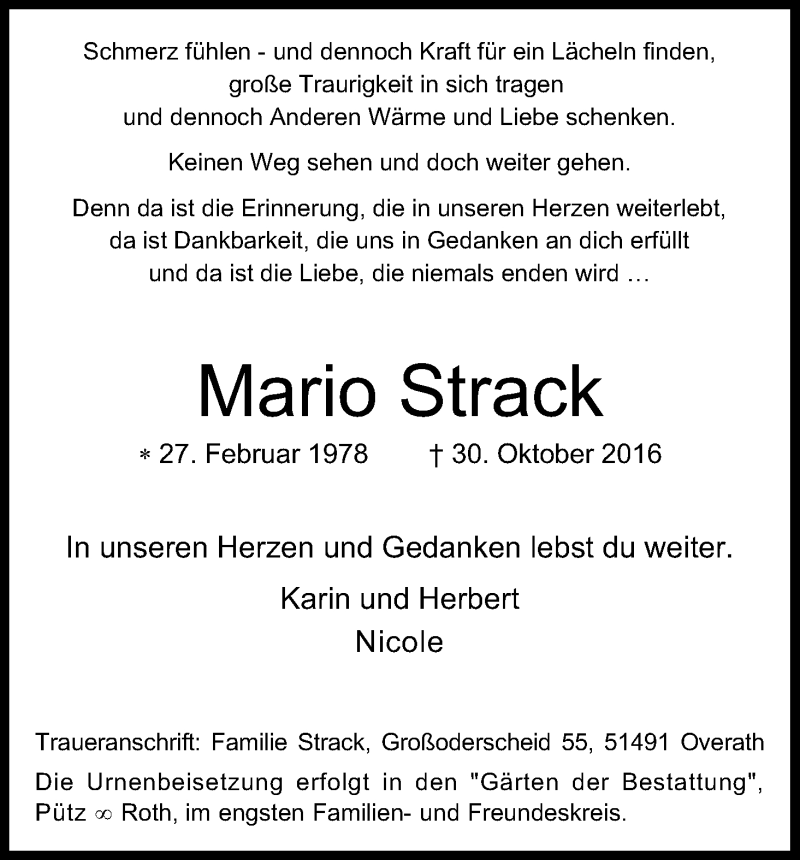  Traueranzeige für Mario Strack vom 05.11.2016 aus Kölner Stadt-Anzeiger / Kölnische Rundschau / Express