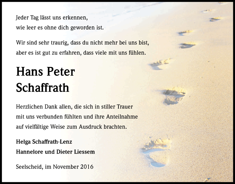  Traueranzeige für Hans Peter Schaffrath vom 05.11.2016 aus Kölner Stadt-Anzeiger / Kölnische Rundschau / Express