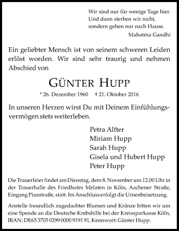 Anzeige von Günter Hupp von Kölner Stadt-Anzeiger / Kölnische Rundschau / Express