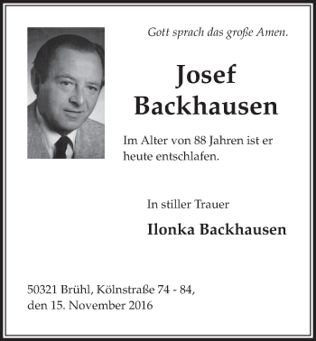 Anzeige von Josef Backhausen von  Schlossbote/Werbekurier 