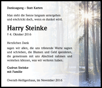 Anzeige von Harry Steinke von Kölner Stadt-Anzeiger / Kölnische Rundschau / Express