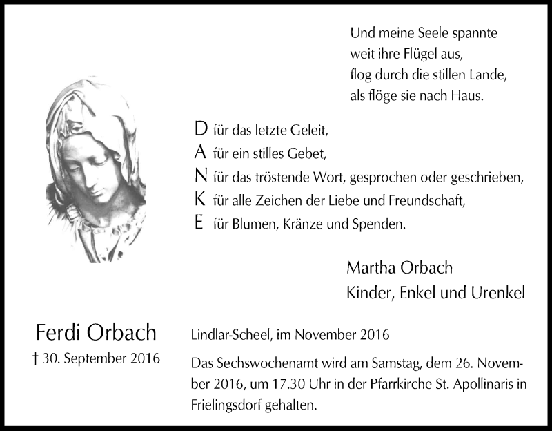  Traueranzeige für Ferdi Orbach vom 19.11.2016 aus Kölner Stadt-Anzeiger / Kölnische Rundschau / Express