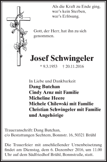 Anzeige von Josef Schwingeler von  Schlossbote/Werbekurier 