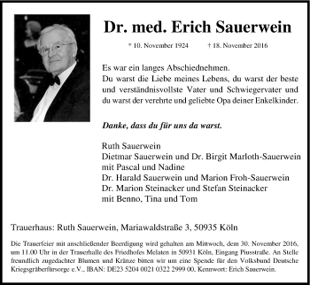 Anzeige von Erich Sauerwein von Kölner Stadt-Anzeiger / Kölnische Rundschau / Express