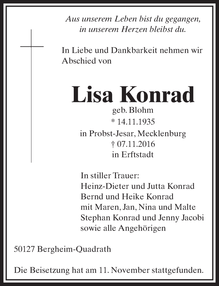  Traueranzeige für Lisa Konrad vom 16.11.2016 aus  Werbepost 