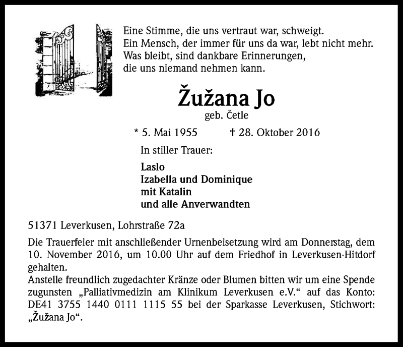  Traueranzeige für Zuzana Jo vom 05.11.2016 aus Kölner Stadt-Anzeiger / Kölnische Rundschau / Express