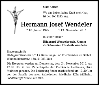 Anzeige von Hermann Josef Wendeler von Kölner Stadt-Anzeiger / Kölnische Rundschau / Express