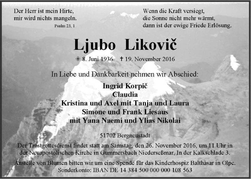  Traueranzeige für Ljubo Likovic vom 23.11.2016 aus  Anzeigen Echo 