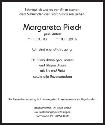 Anzeige von Margareta Pieck von  Wochenende 