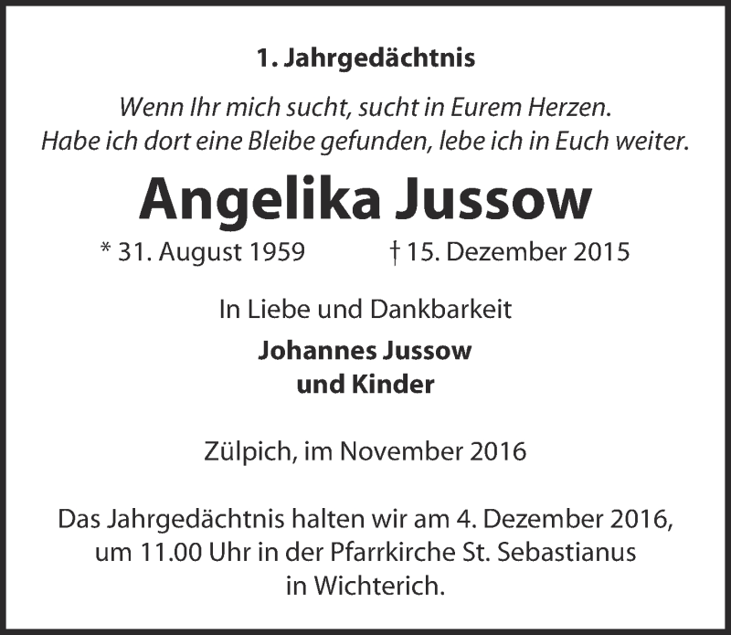  Traueranzeige für Angelika Jussow vom 26.11.2016 aus  Blickpunkt Euskirchen 