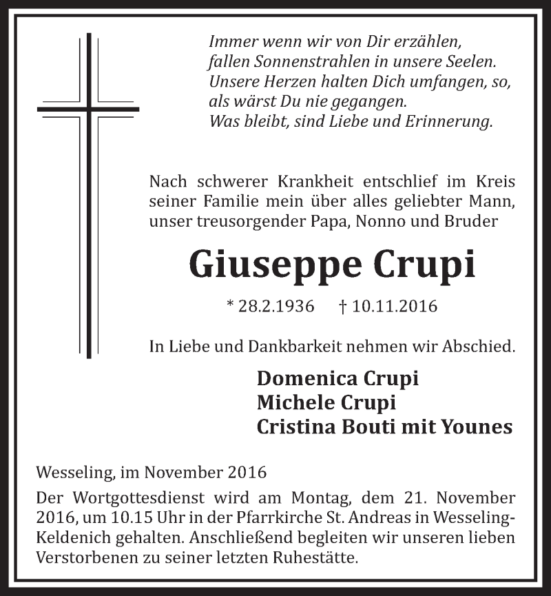  Traueranzeige für Giuseppe Crupi vom 16.11.2016 aus  Schlossbote/Werbekurier 