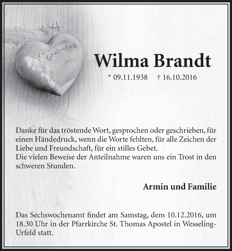  Traueranzeige für Wilma Brandt vom 23.11.2016 aus  Schlossbote/Werbekurier 