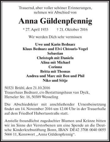 Anzeige von Anna Güldenpfennig von  Schlossbote/Werbekurier 