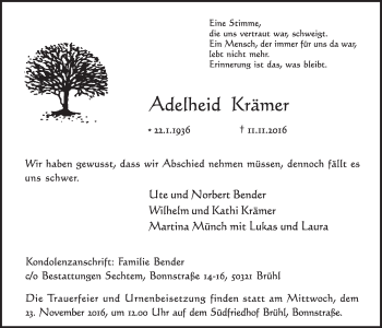 Anzeige von Adelheid Krämer von  Schlossbote/Werbekurier 