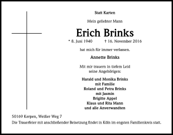 Anzeige von Erich Brinks von Kölner Stadt-Anzeiger / Kölnische Rundschau / Express