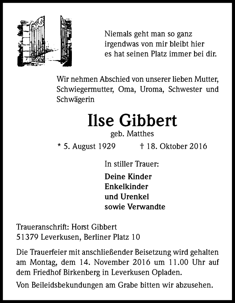  Traueranzeige für Ilse Gibbert vom 05.11.2016 aus Kölner Stadt-Anzeiger / Kölnische Rundschau / Express