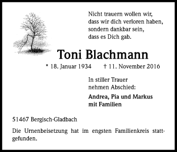 Anzeige von Toni Blachmann von Kölner Stadt-Anzeiger / Kölnische Rundschau / Express