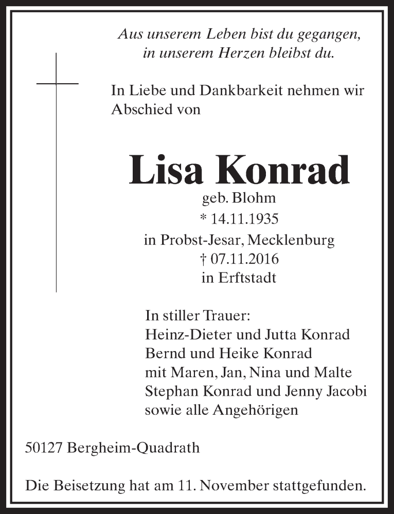  Traueranzeige für Lisa Konrad vom 12.11.2016 aus  Sonntags-Post 