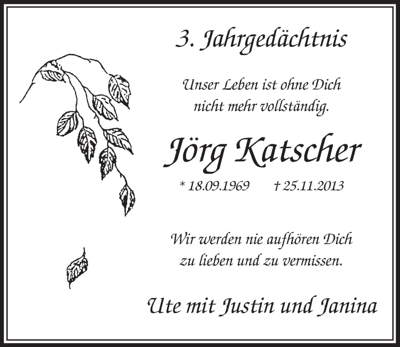  Traueranzeige für Jörg Katscher vom 26.11.2016 aus  Sonntags-Post 