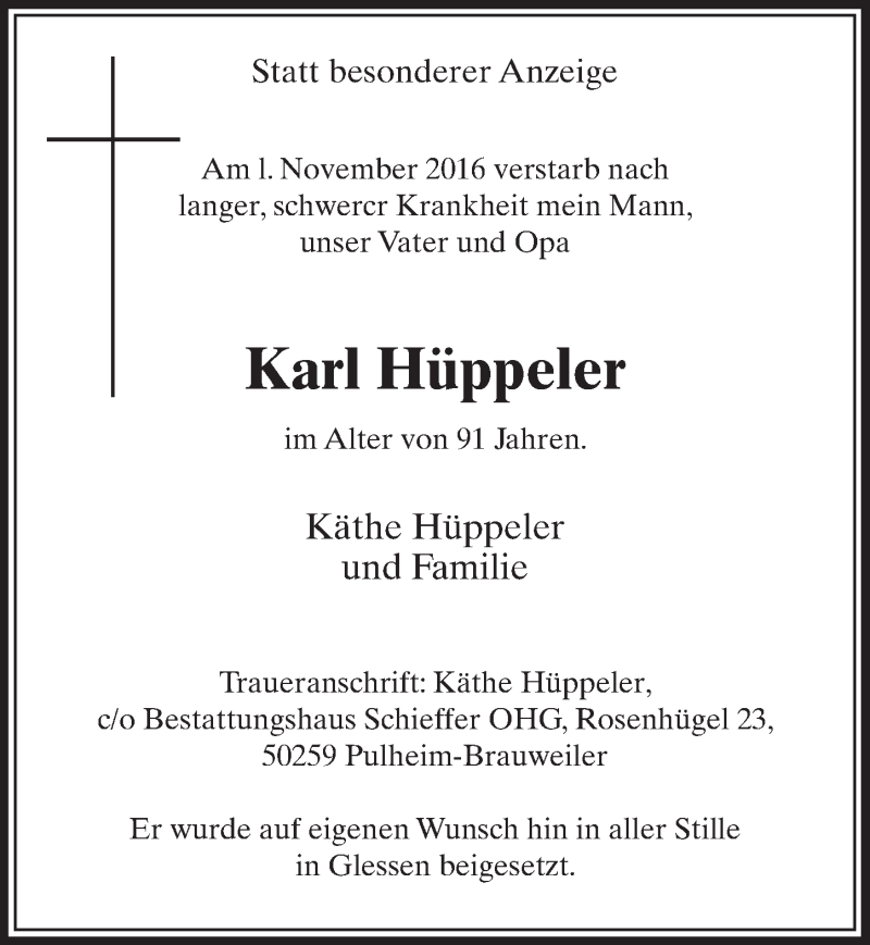  Traueranzeige für Karl Hüppeler vom 19.11.2016 aus  Sonntags-Post 