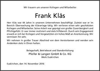 Anzeige von Frank Kläs von Kölner Stadt-Anzeiger / Kölnische Rundschau / Express