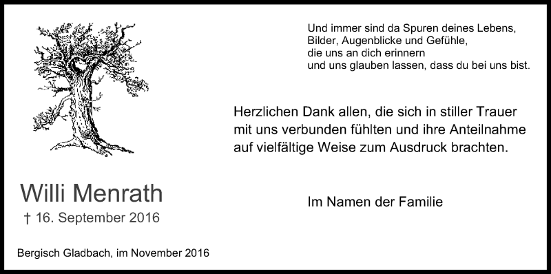  Traueranzeige für Willi Menrath vom 12.11.2016 aus Kölner Stadt-Anzeiger / Kölnische Rundschau / Express