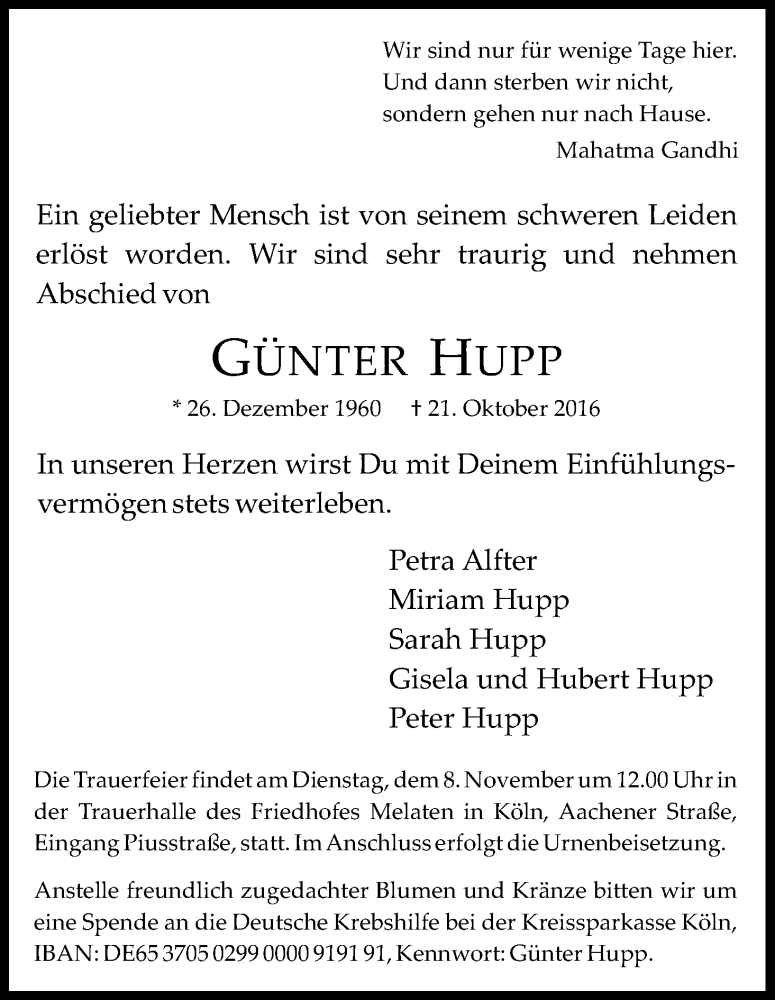  Traueranzeige für Günter Hupp vom 05.11.2016 aus Kölner Stadt-Anzeiger / Kölnische Rundschau / Express
