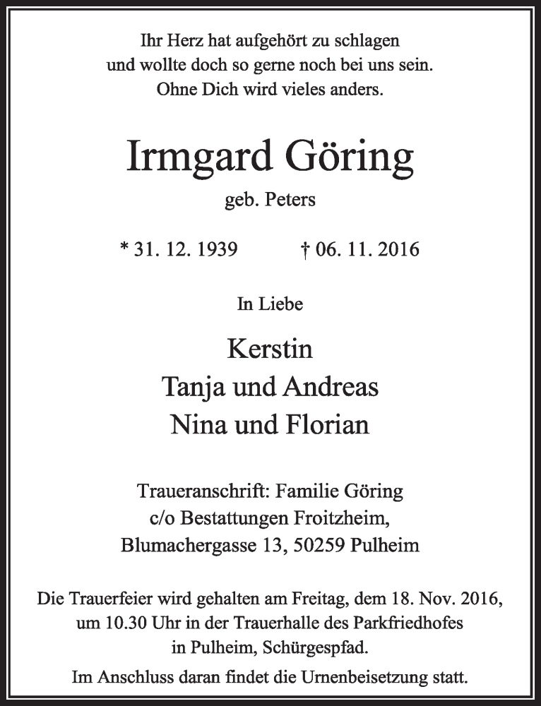  Traueranzeige für Irmgard Göring vom 12.11.2016 aus  Sonntags-Post 