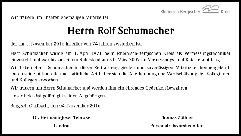  Traueranzeige für Rolf Schumacher vom 12.11.2016 aus Kölner Stadt-Anzeiger / Kölnische Rundschau / Express