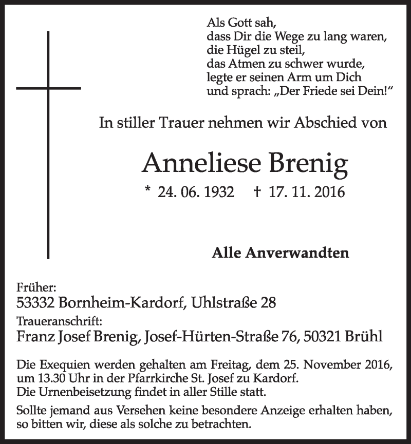  Traueranzeige für Anneliese Brenig vom 23.11.2016 aus  Schlossbote/Werbekurier 
