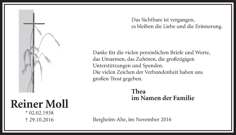  Traueranzeige für Reiner Moll vom 26.11.2016 aus  Sonntags-Post 