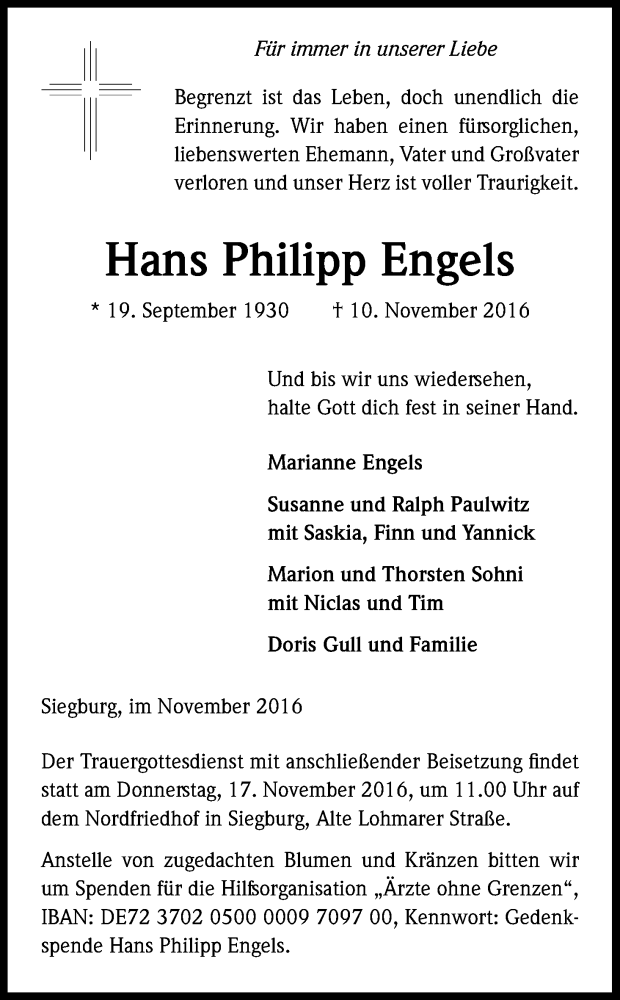  Traueranzeige für Hans Philipp Engels vom 14.11.2016 aus Kölner Stadt-Anzeiger / Kölnische Rundschau / Express