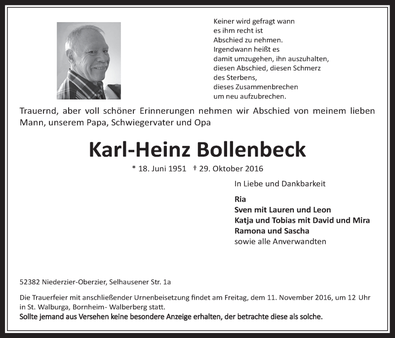  Traueranzeige für Karl-Heinz Bollenbeck vom 09.11.2016 aus  Schlossbote/Werbekurier 