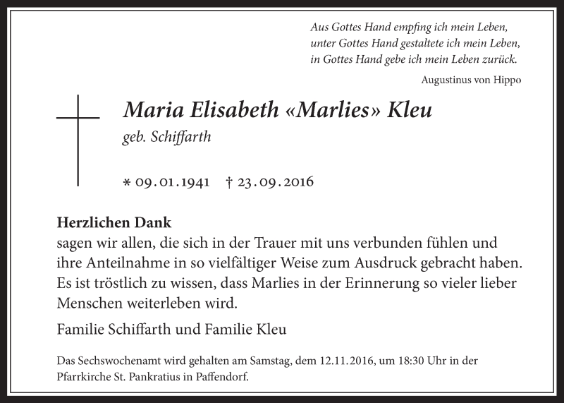  Traueranzeige für Maria Elisabeth Kleu vom 02.11.2016 aus  Werbepost 