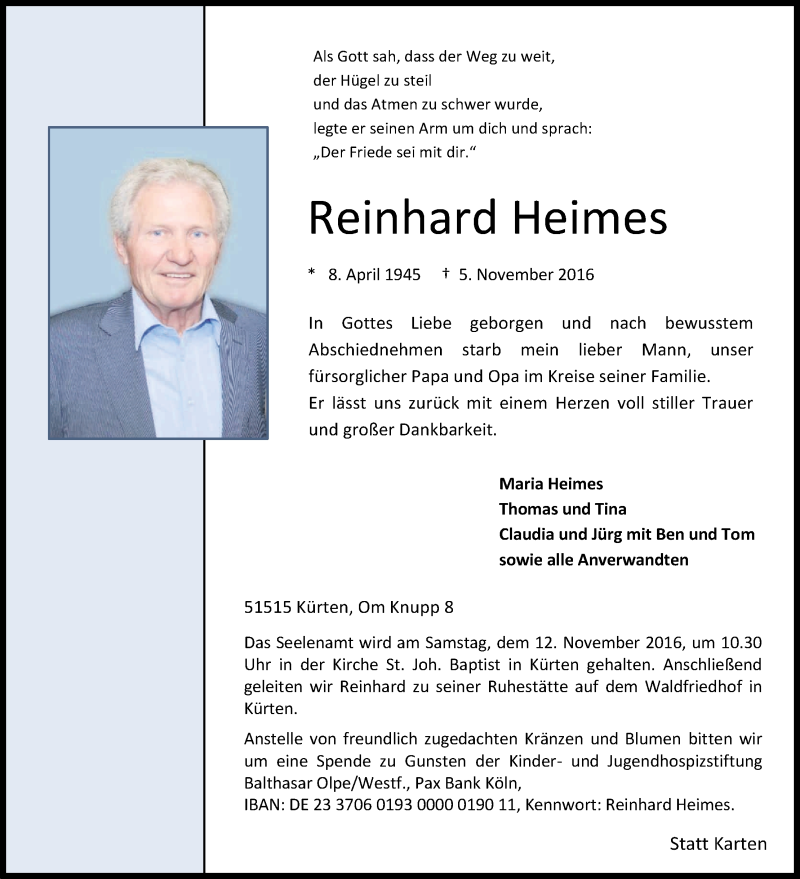  Traueranzeige für Reinhard Heimes vom 08.11.2016 aus Kölner Stadt-Anzeiger / Kölnische Rundschau / Express