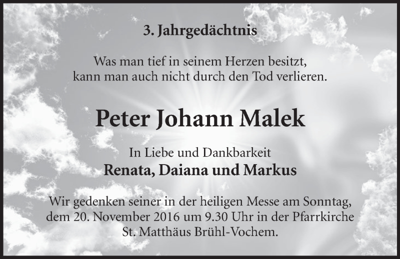  Traueranzeige für Peter Johann Malek vom 16.11.2016 aus  Schlossbote/Werbekurier 