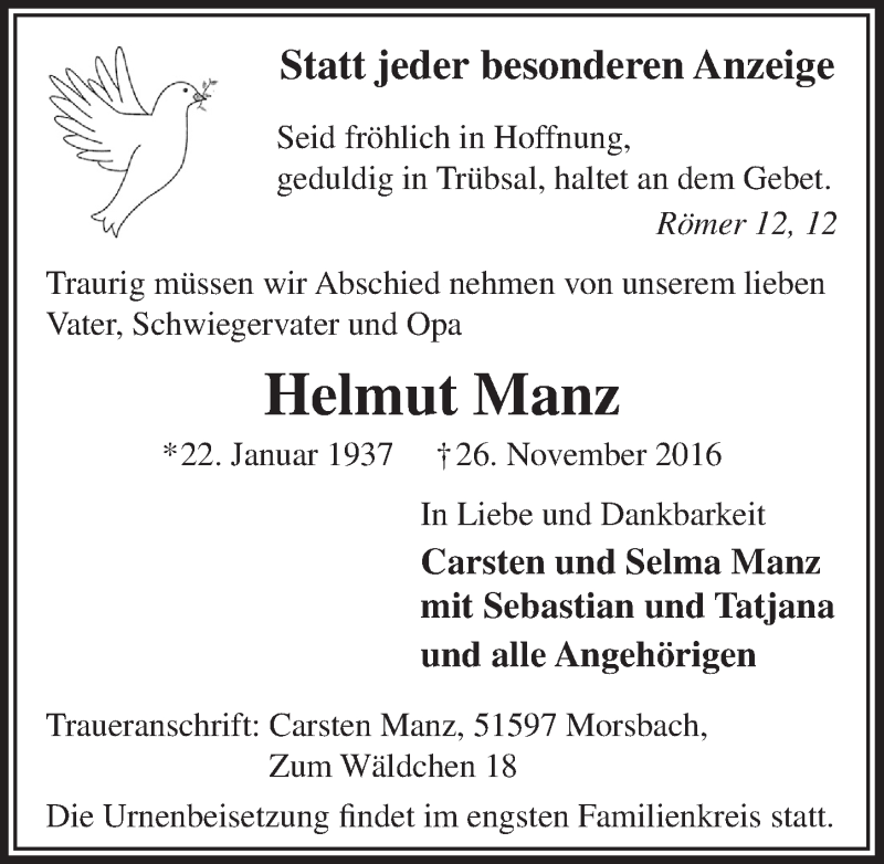  Traueranzeige für Helmut Manz vom 30.11.2016 aus  Lokalanzeiger 