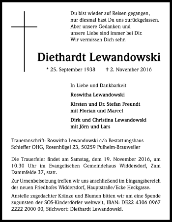 Anzeige von Diethardt Lewandowski von Kölner Stadt-Anzeiger / Kölnische Rundschau / Express
