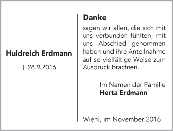 Anzeige von Huldreich Erdmann von  Anzeigen Echo 