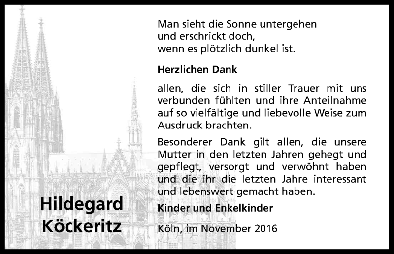  Traueranzeige für Hildegard Köckeritz vom 19.11.2016 aus Kölner Stadt-Anzeiger / Kölnische Rundschau / Express