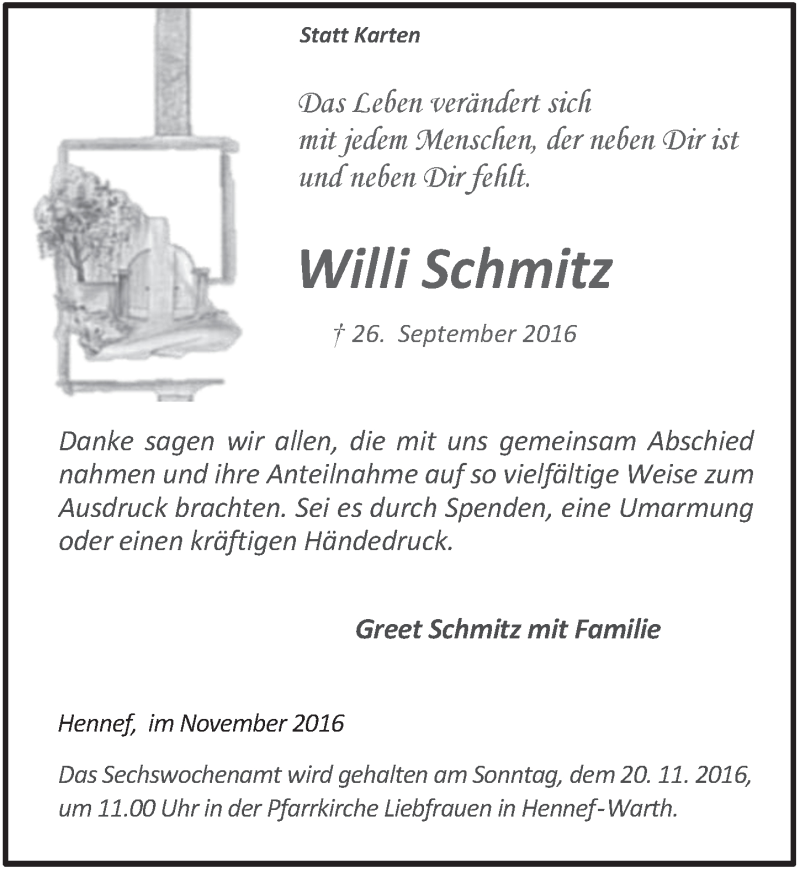  Traueranzeige für Willi Schmitz vom 16.11.2016 aus  Extra Blatt 
