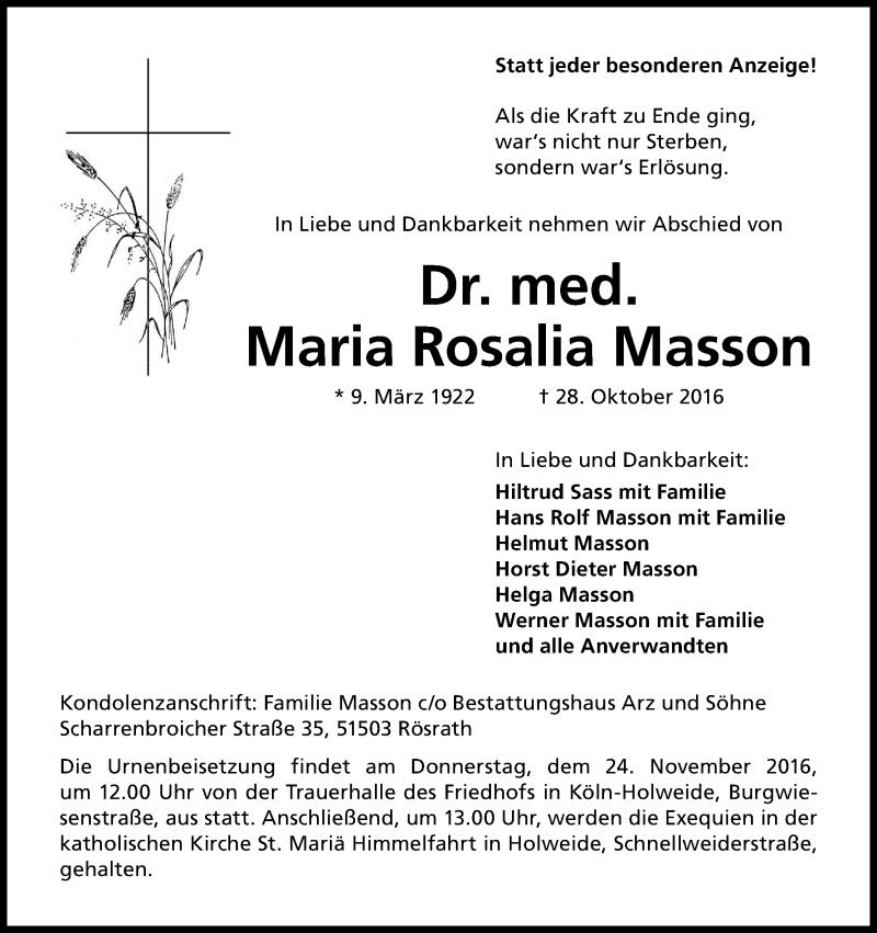  Traueranzeige für Maria Rosalia Masson vom 18.11.2016 aus Kölner Stadt-Anzeiger / Kölnische Rundschau / Express